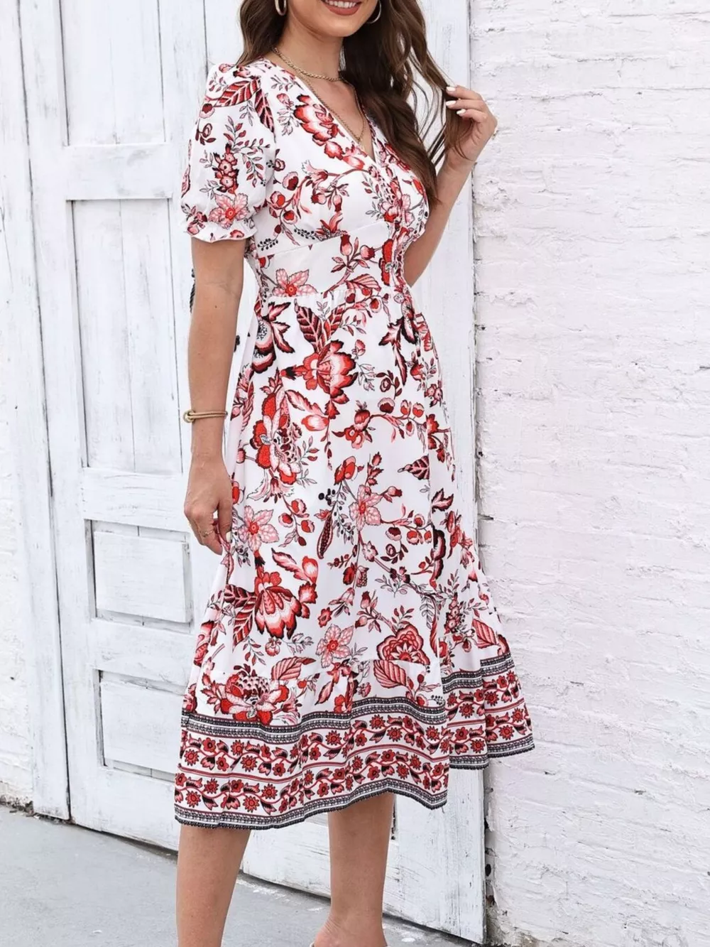 Floral Print Puff Sleeve Wrap Midi Dress, image 19