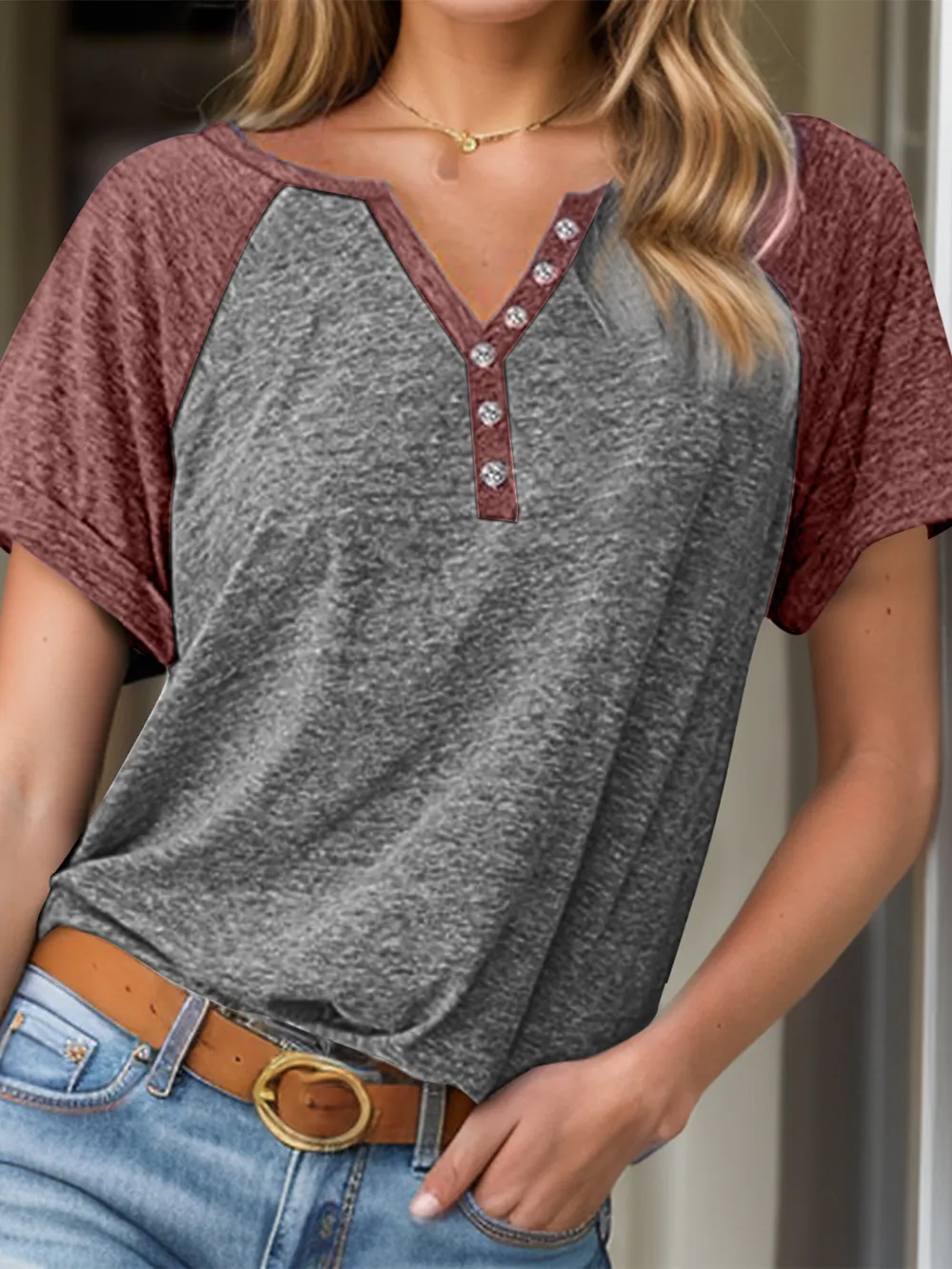 Contrast Notched Short Sleeve T-Shirt, image 16