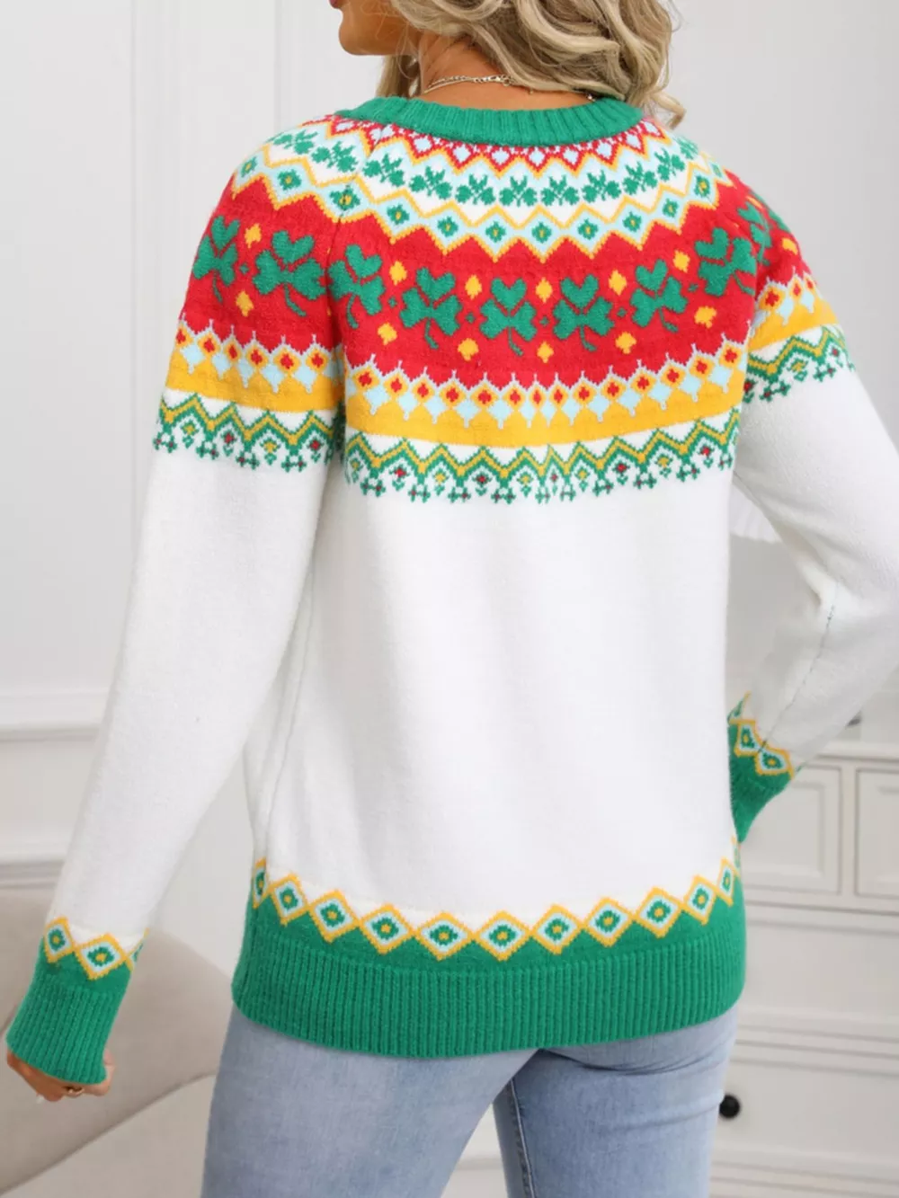Clover Pattern Round Neck Knitted Sweater, image 7