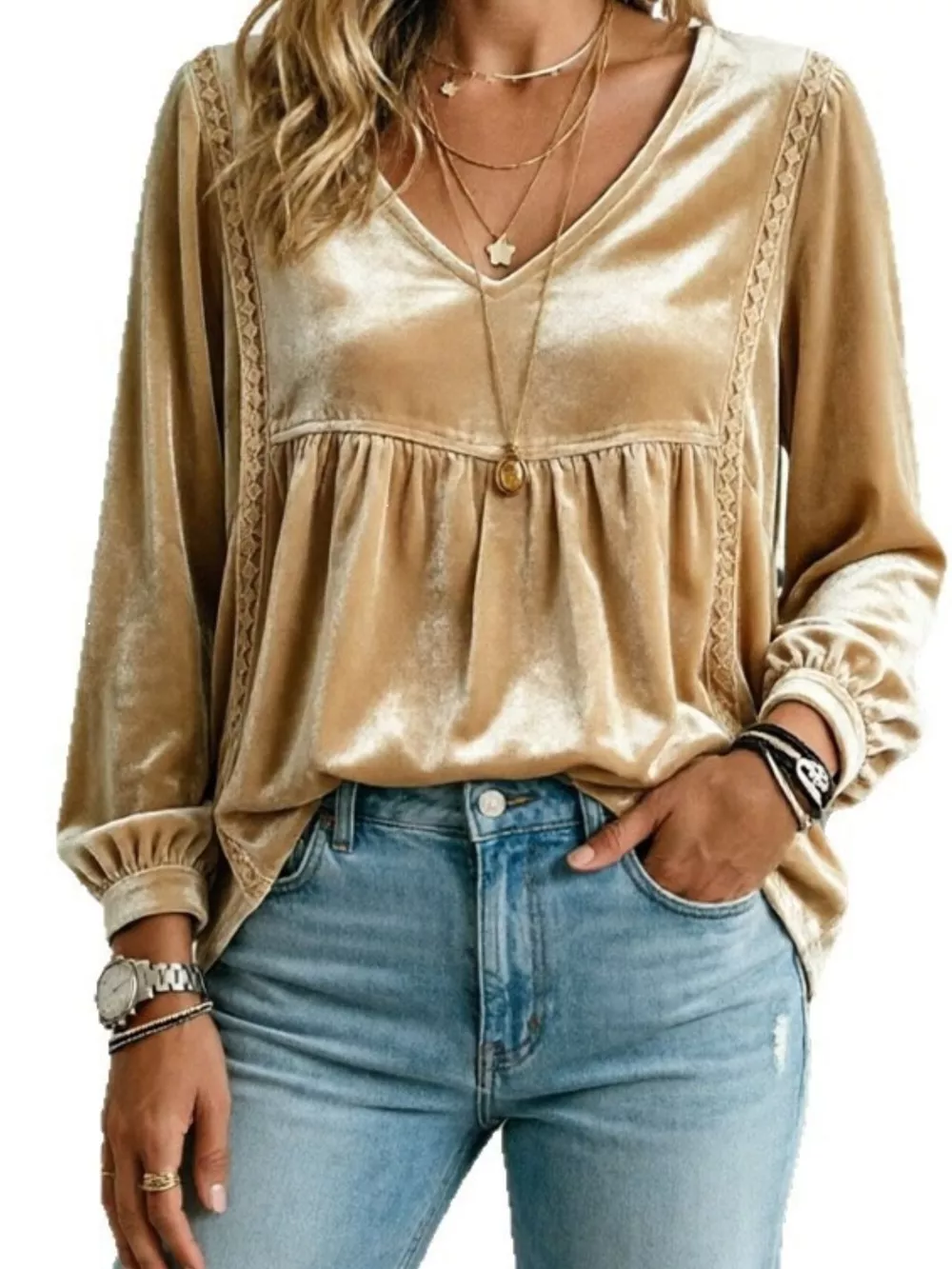 Full Size V-Neck Long Sleeve Velvet Blouse with Lace Trim Plus Size, image 19