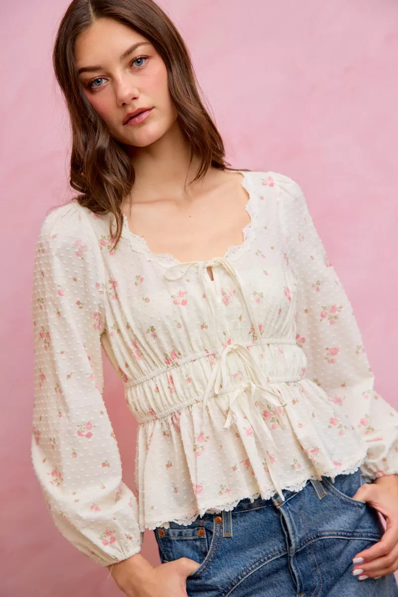 Floral Clip Dot Lace Trim Ruched Bodice Blouse, image 22