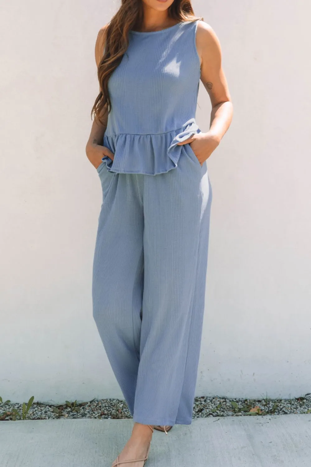 Color Ribbed Ruffle Tank Top and Pants Set, image 7