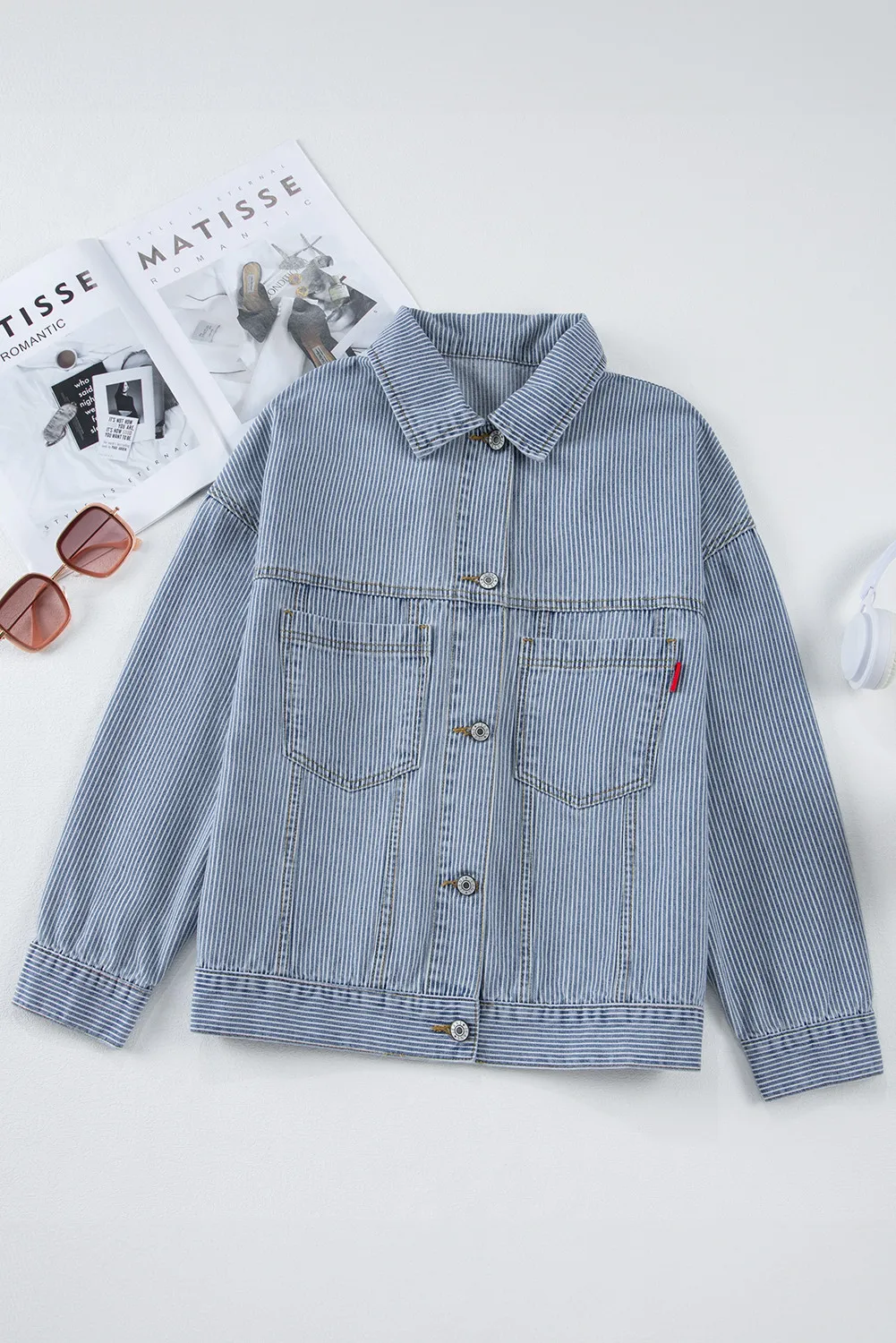 Striped Button Up Long Sleeve Denim Jacket, image 4