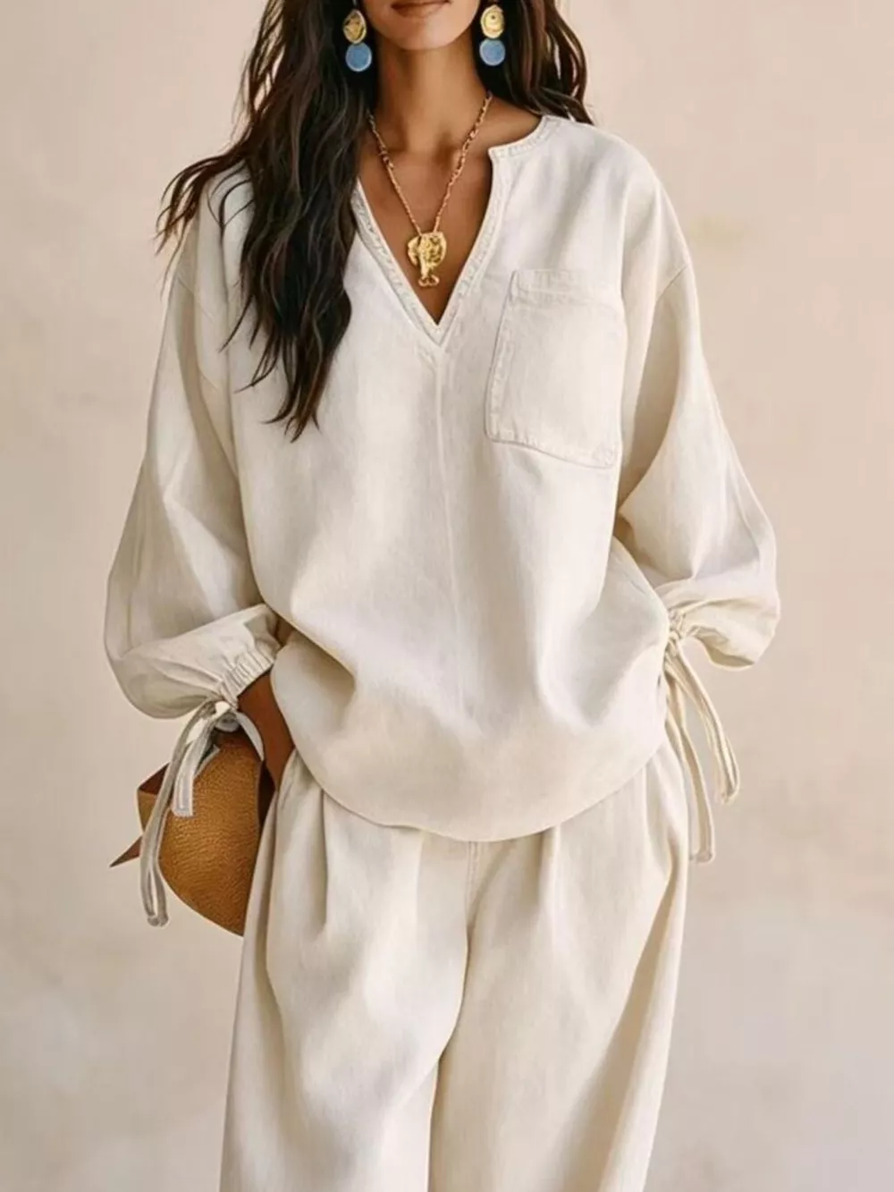 Relaxed Fit Drawstring Sleeve Detail Top and Pants Denim Set, image 5