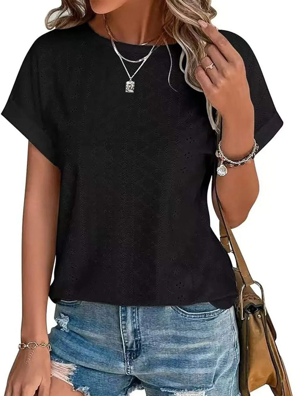 Eyelet Round Neck Short Sleeve T-Shirt