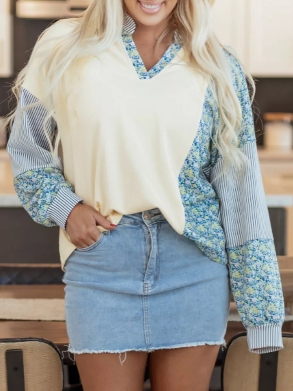 Floral Striped Drop Sleeve Collared Boxy Fit Sweatshirt, image 9