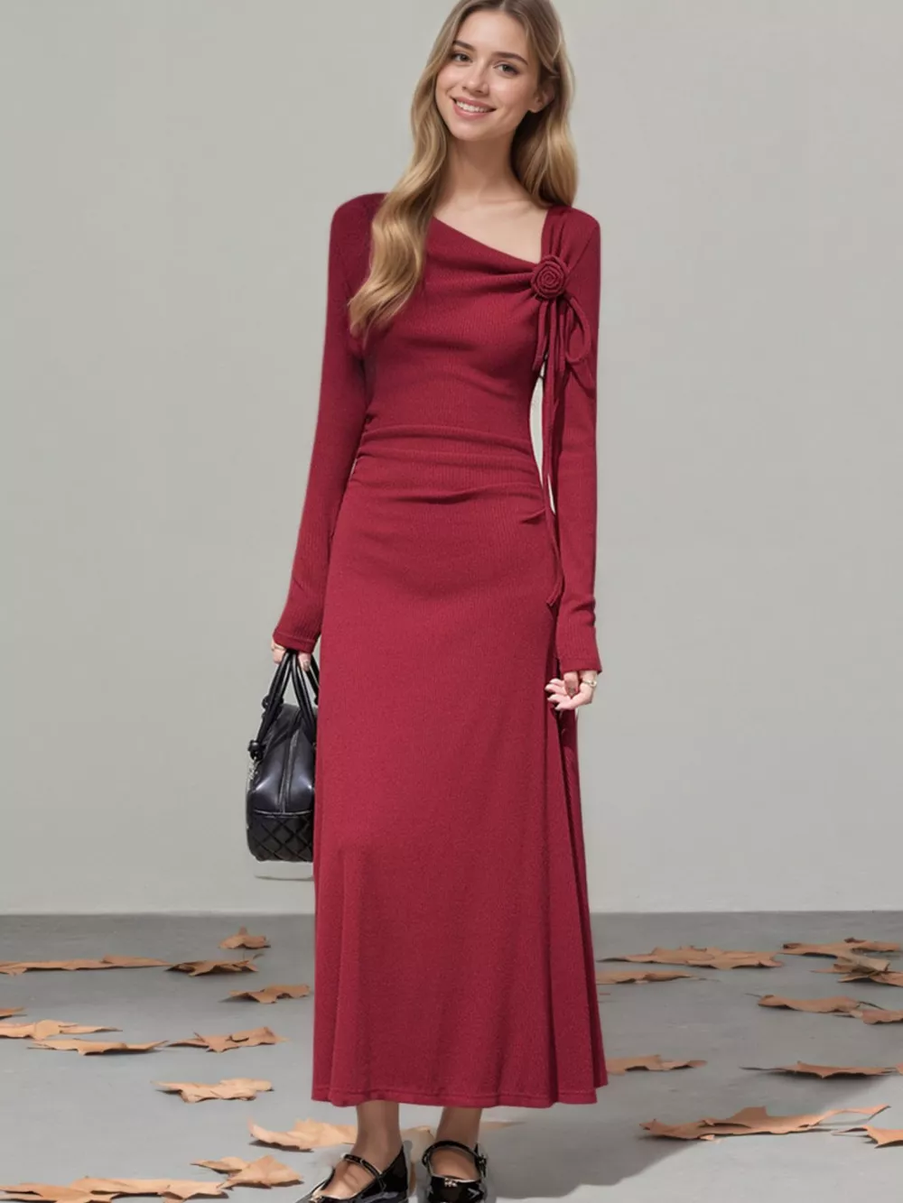 Flower Asymmetrical Neckline Long Sleeve Dress, image 4