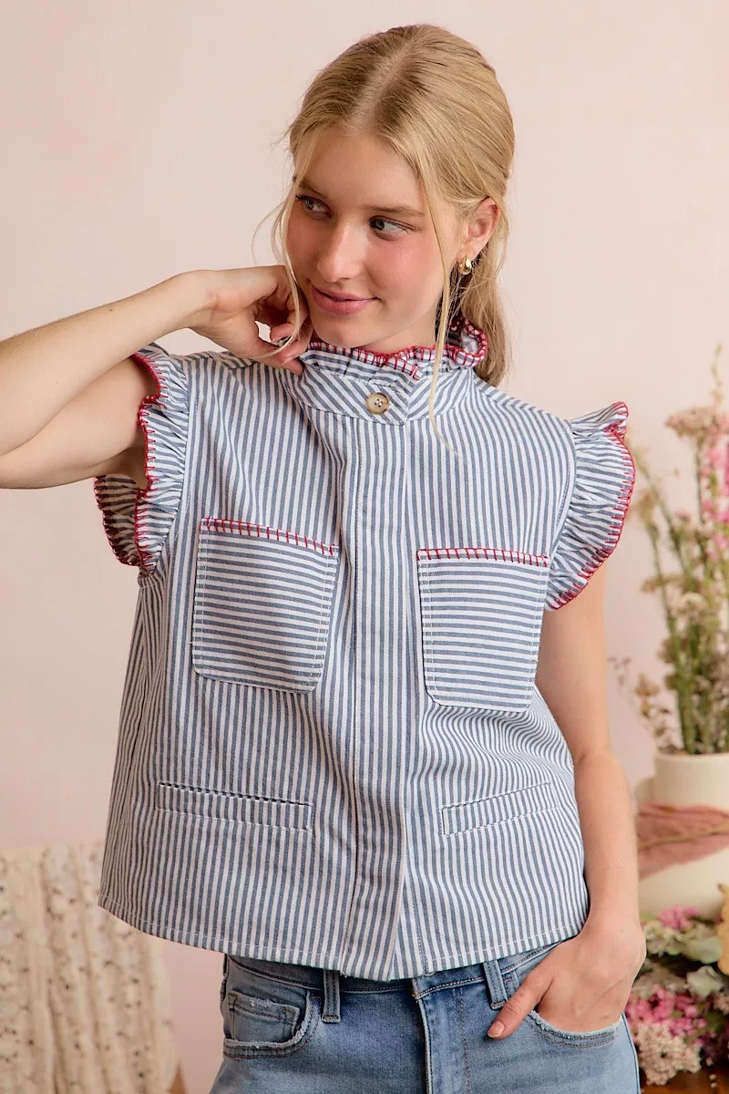 Stripe Twill Stitch Ruffled Hidden Button Vest Top, image 21