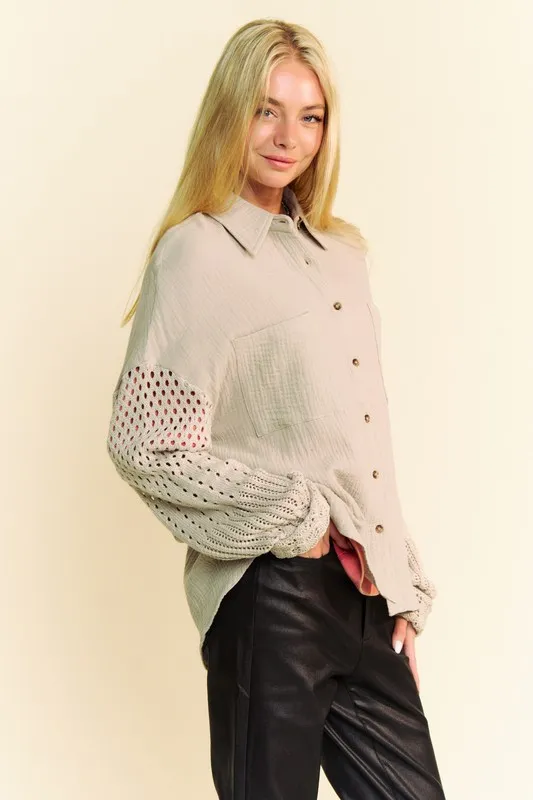 Crochet Sleeve Crinkled Texture Shirt, image 3