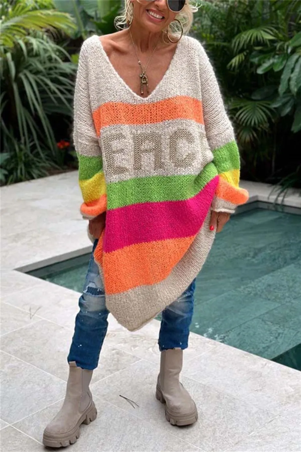 Color Block V-Neck Long Sleeve Sweater Dress, image 17