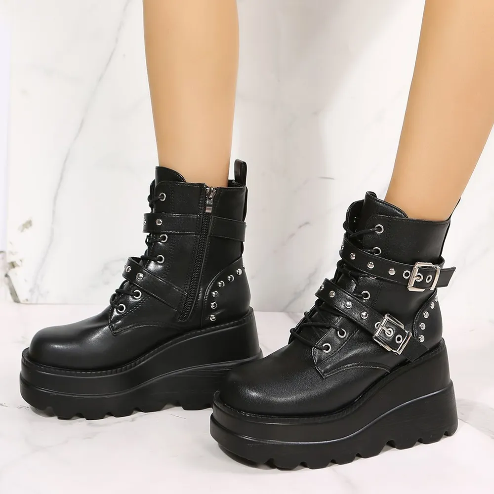 PU Leather Wedge Boots with Side Zip, image 2