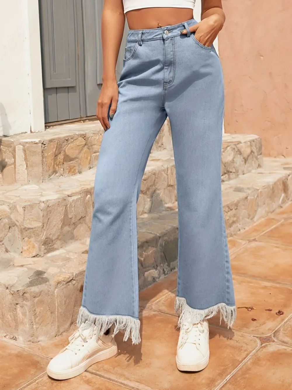 Raw Hem Bootcut Jeans with Pockets, image 3