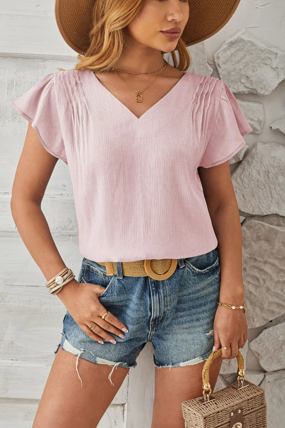 Ruched V-Neck Flounce Sleeve Blouse, image 11
