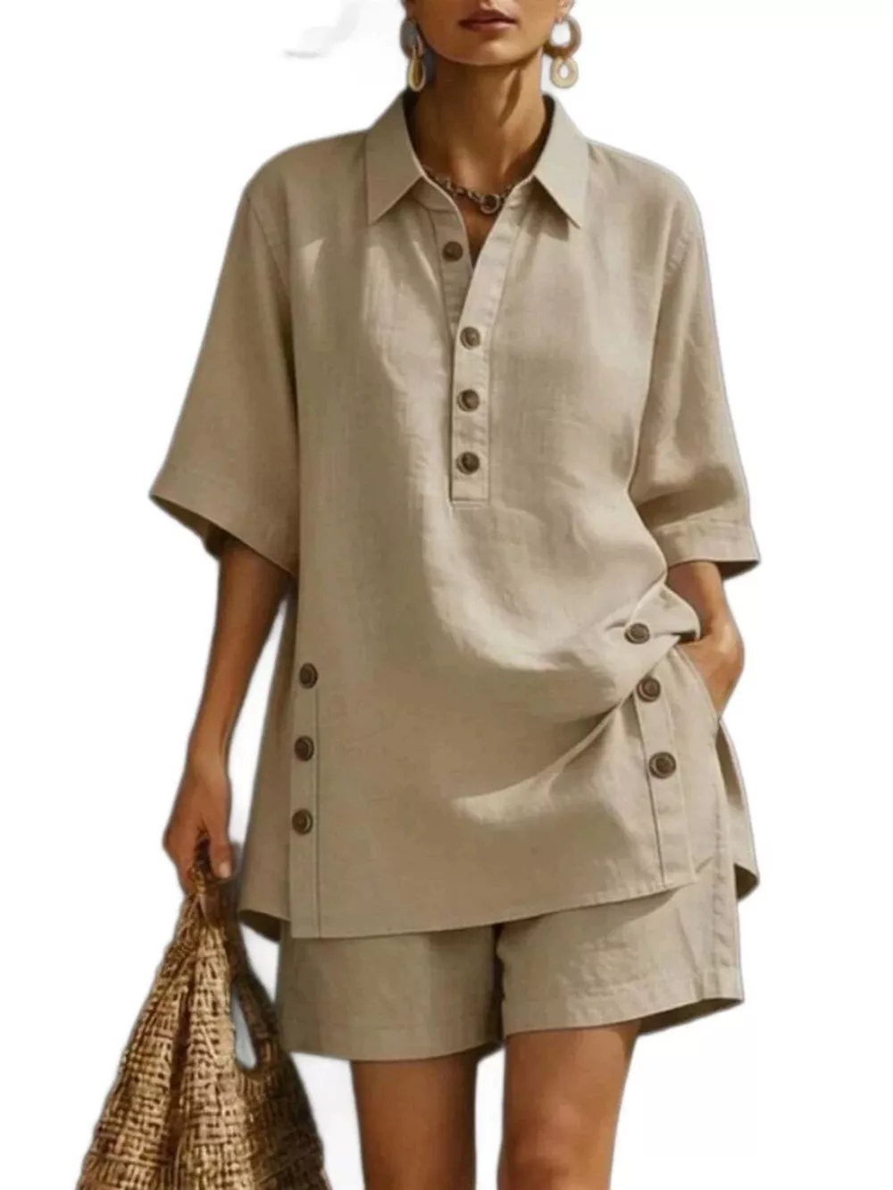 Full Size Casual Linen Button-Down Shirt & Shorts Set Plus Size, image 5