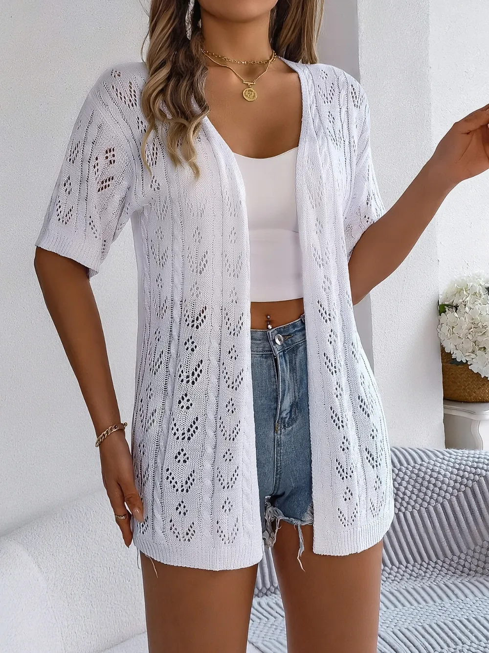 Openwork Open Front Half Sleeve Cardigan, image 10
