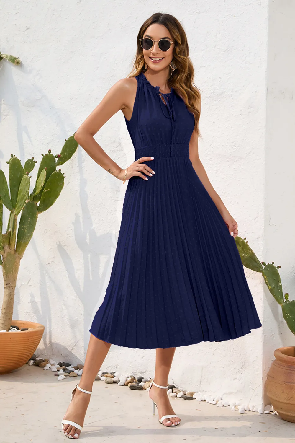 Swiss Dot Tie Neck Sleeveless Dress, image 16