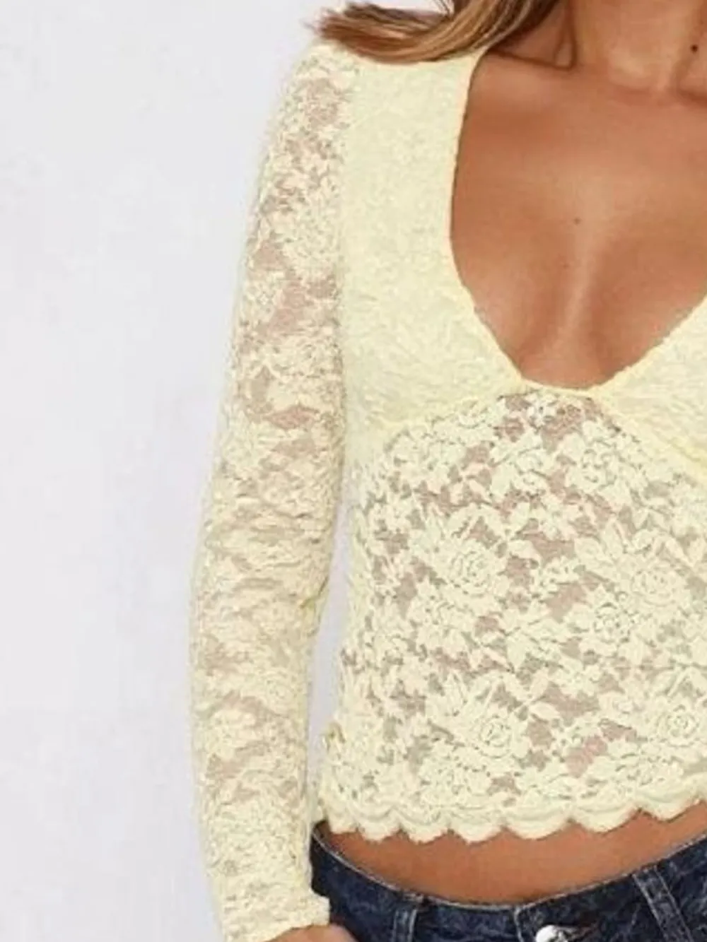 Floral Lace Long Sleeve Deep V-Neck Blouse with Scalloped Hem, image 17