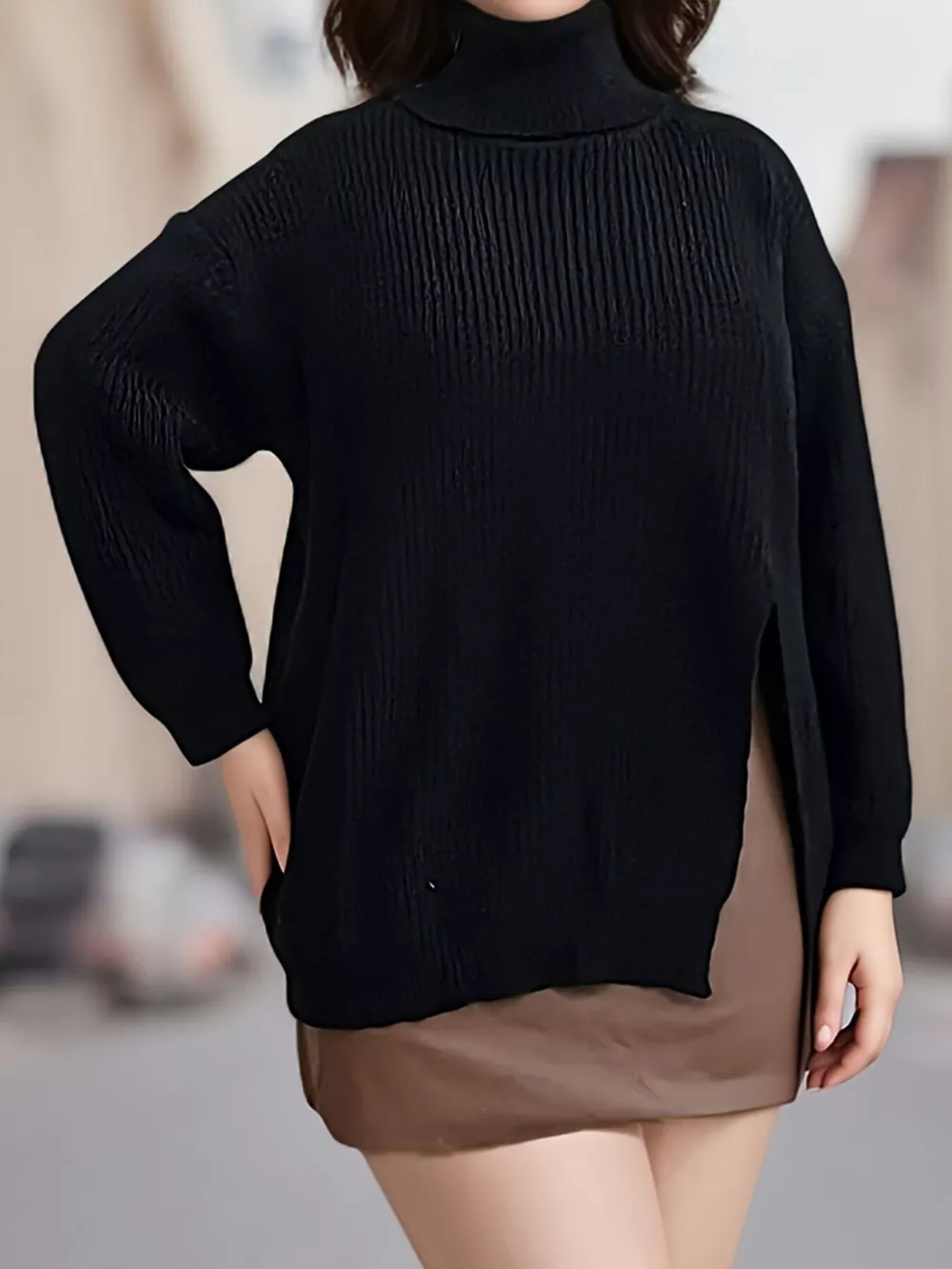 Plus Size Side Slit Ribbed Turtleneck Sweater