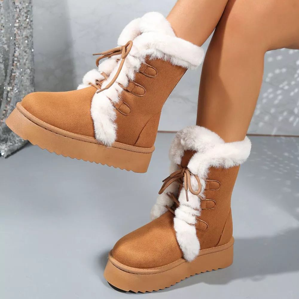 Fuzzy Trim Lace-Up Platform Boots, image 6