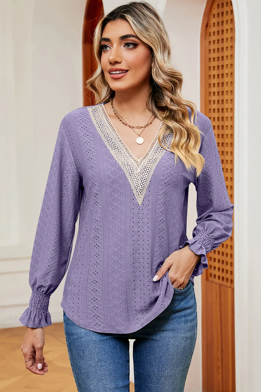 Eyelet V-Neck Flounce Sleeve T-Shirt, image 19