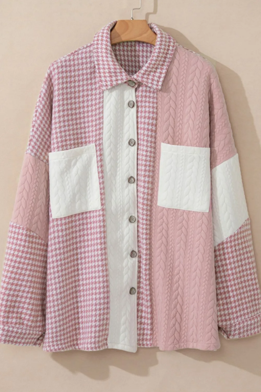 Color Block Houndstooth Collared Neck Shacket, image 4