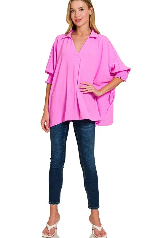 Airflow Collar Tee with Smocked Sleeve Band Top, image 6