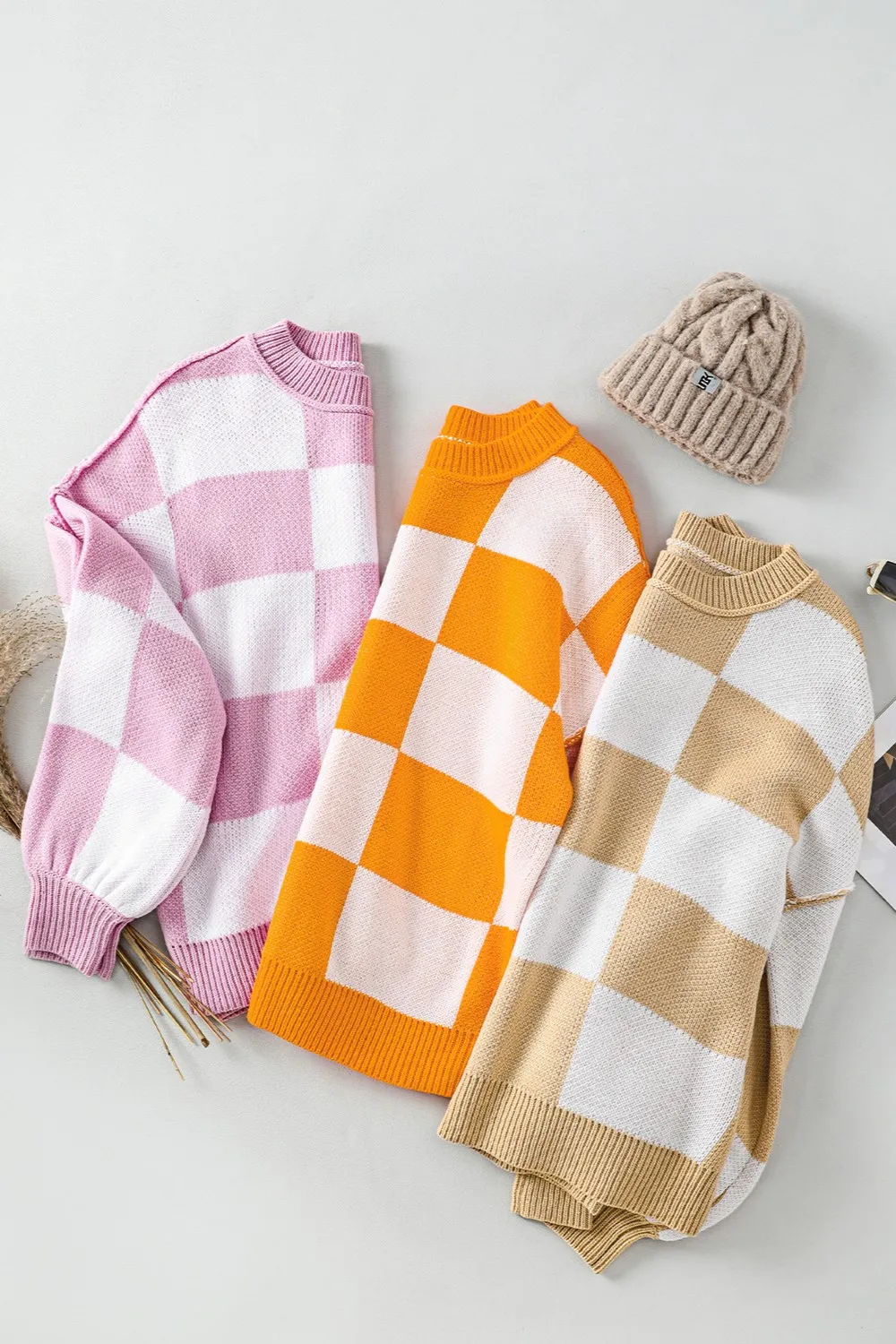 Checkered Exposed Seam Drooped Shoulder Sweater, image 14
