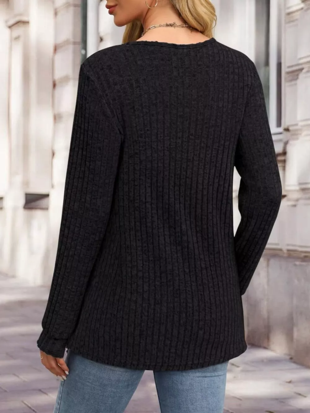 Ribbed Knit Button-Front Long Sleeve T-Shirt, image 4