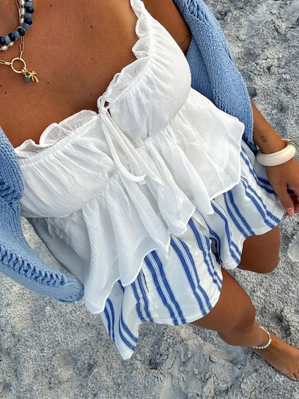 Striped High-Waist Linen Blend Summer Shorts, image 4