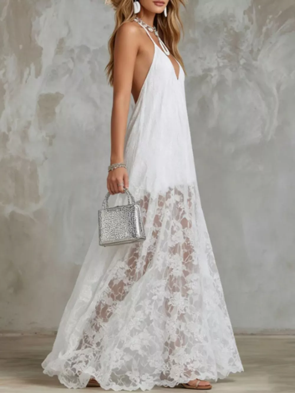 Halter Neck Lace Hem Maxi Dress, image 2