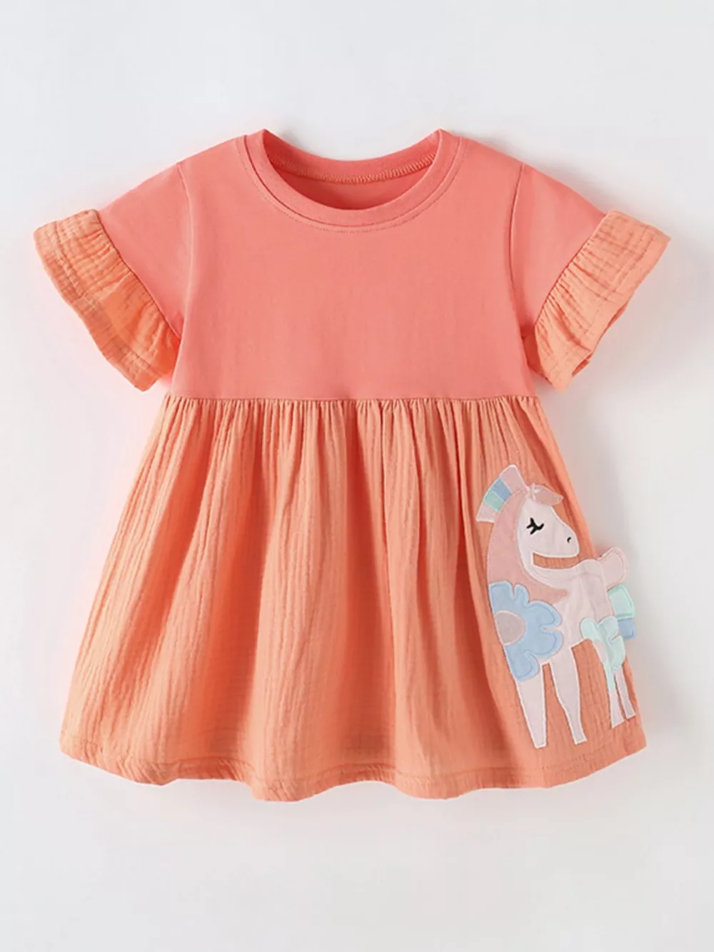Children's Cute Unicorn Applique Ruffle Sleeve Dress