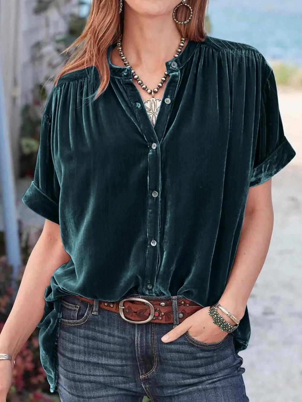 Ruched Round Neck Short Sleeve Shirt, image 7
