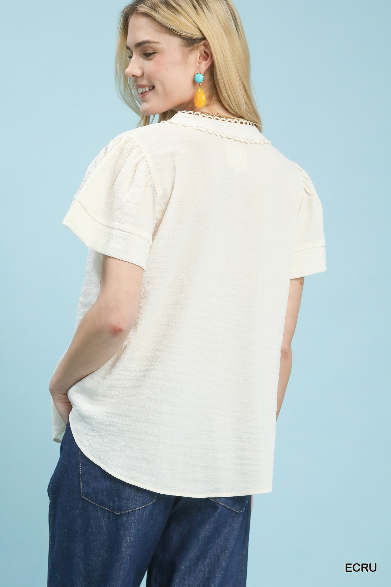 Seersucker Short Sleeve Top with Lace Trim, image 4