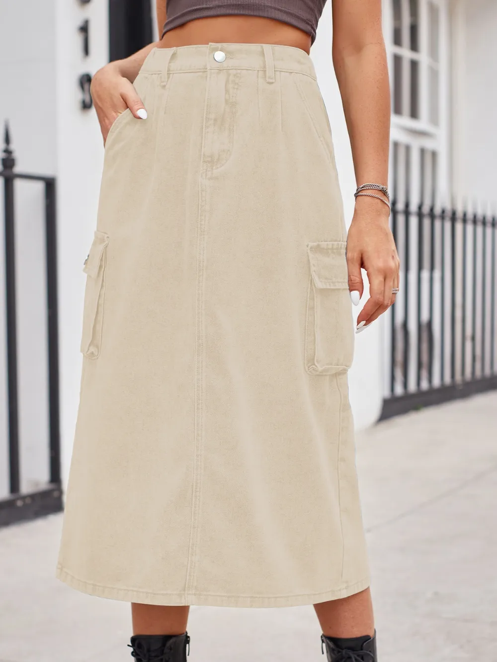 Slit Buttoned Denim Skirt with Pockets, image 10