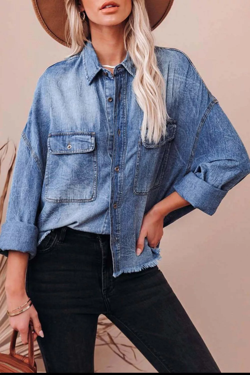 Collared Neck Raw Hem Long Sleeve Denim Shirt, image 3
