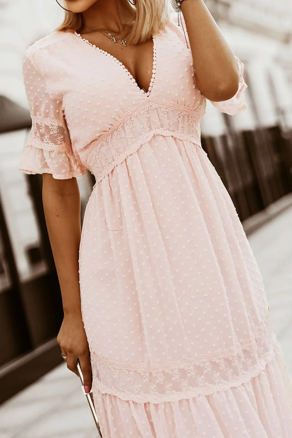 Polka Dot V-Neck Ruffle Midi Dress, image 6