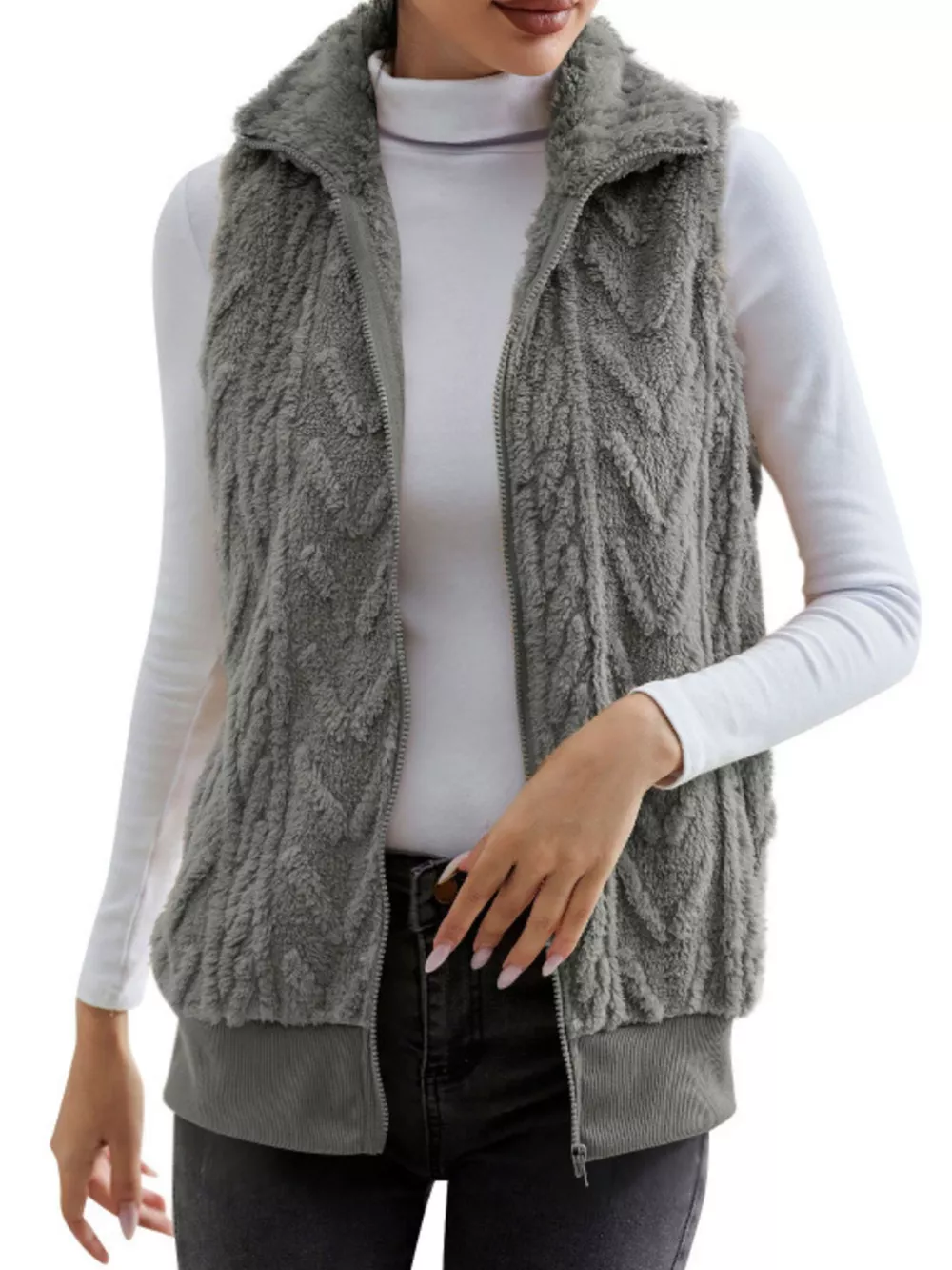 Full Size Cozy Faux Fur Zip-Up Vest Coat Plus Size, image 3
