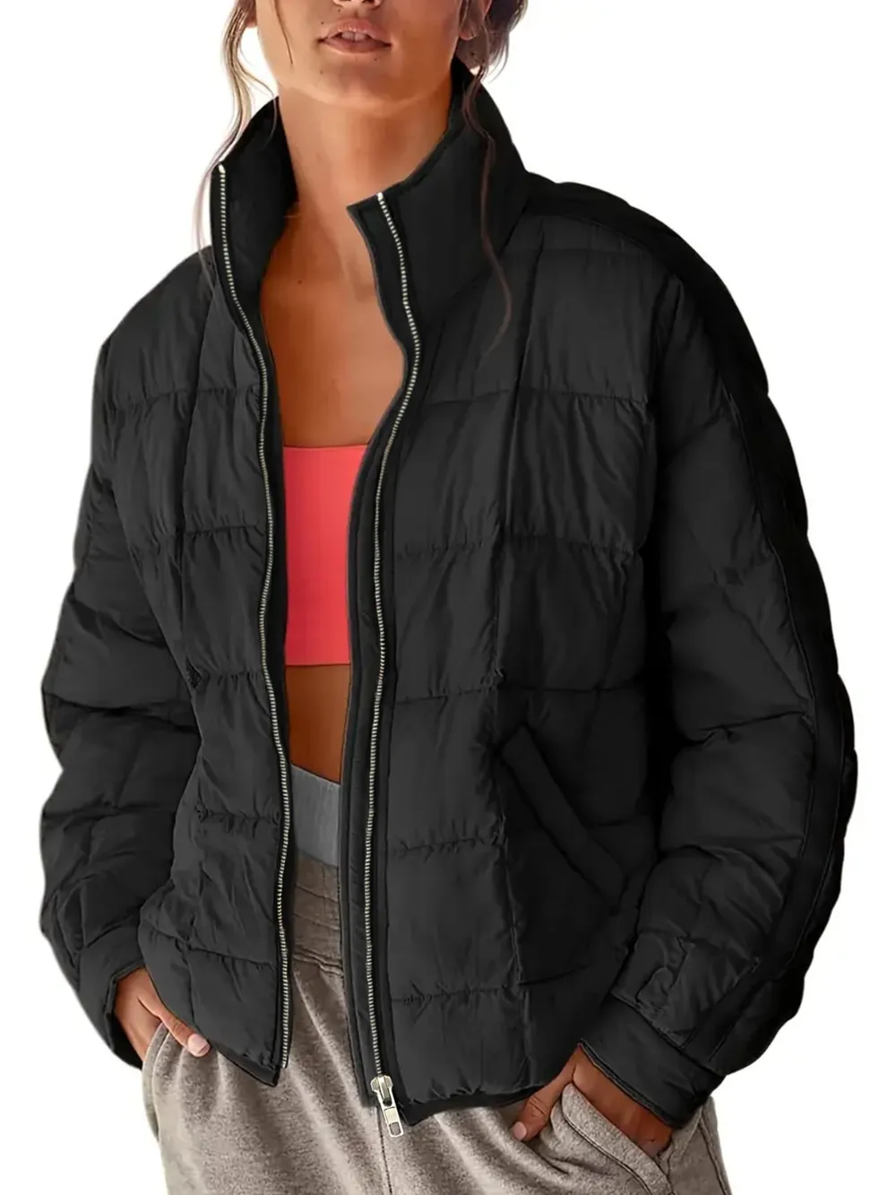 Pocketed Plaid Quilted Zip Up Winter Coat, image 10