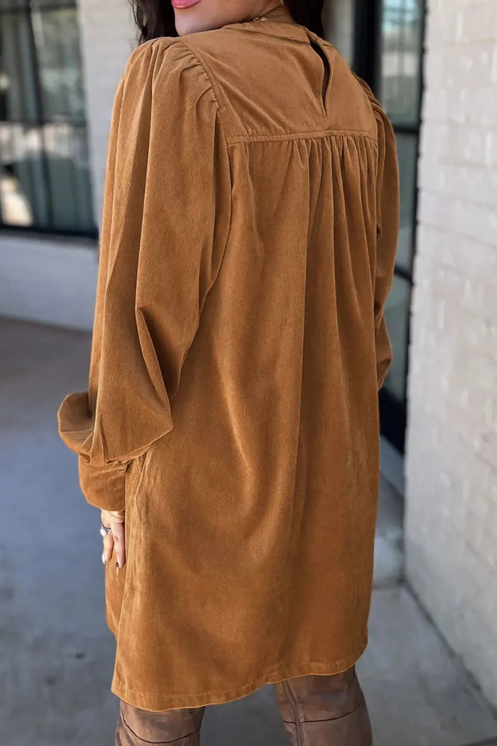 Ruched Round Neck Long Sleeve Dress, image 5