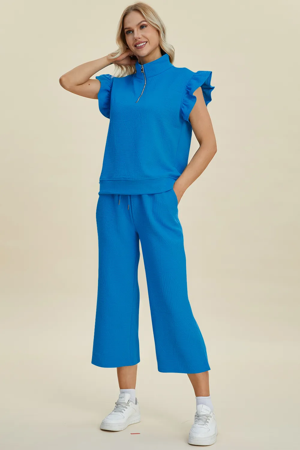 Full Size Texture Ruffle Short Sleeve Top and Wide Leg Pants Set, image 19