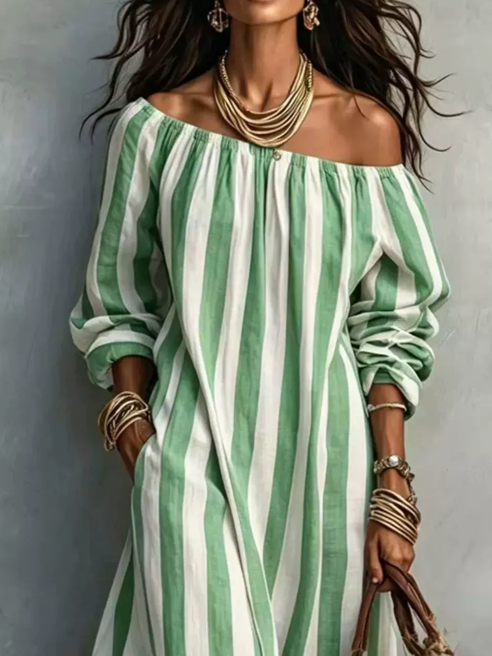 Off-Shoulder Striped Dress with Pockets, image 13