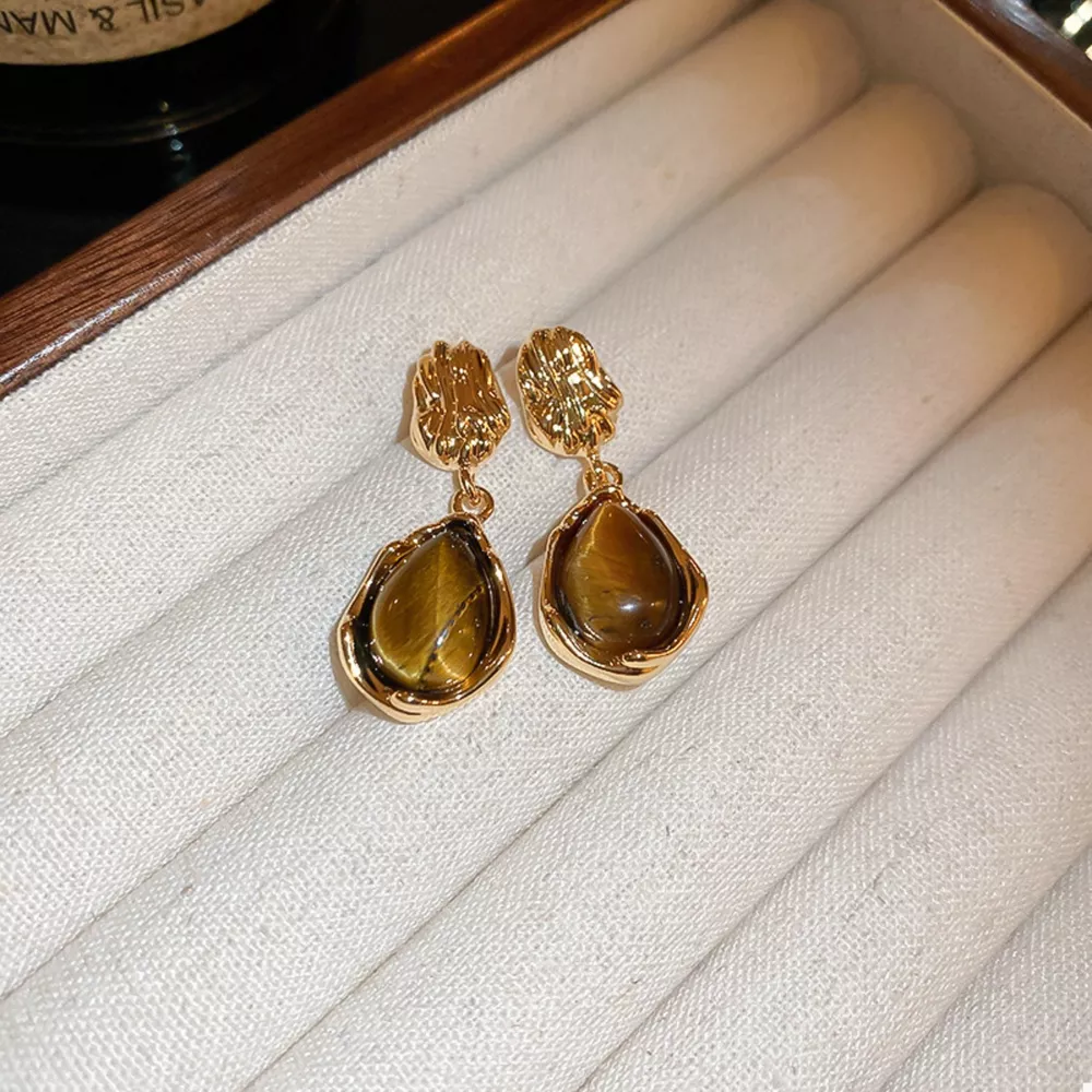 Tiger's Eye 18K Gold-Plated Copper Geometric Earrings, image 6