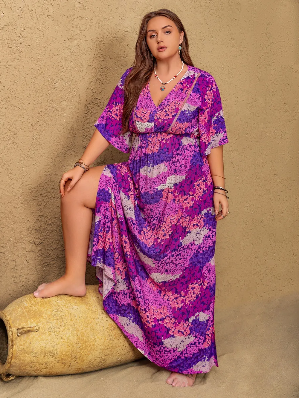Plus Size Slit Printed Half Sleeve Maxi Dress, image 6