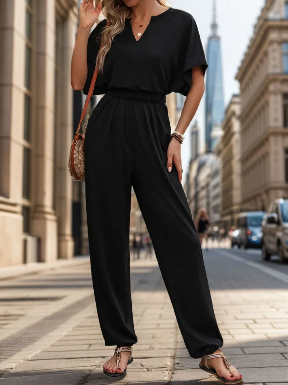 Notched Half Sleeve Straight Jumpsuit, image 4
