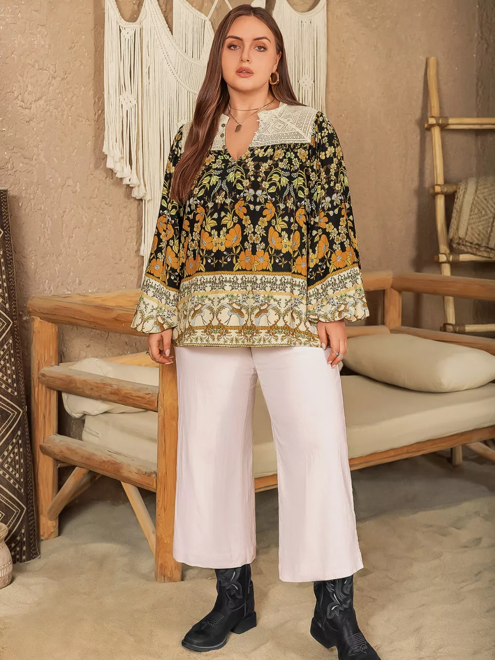 Plus Size Floral Print Notched Blouse, image 4