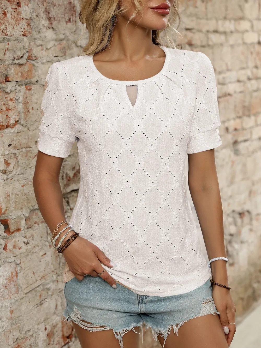Eyelet Round Neck Short Sleeve Top, image 13