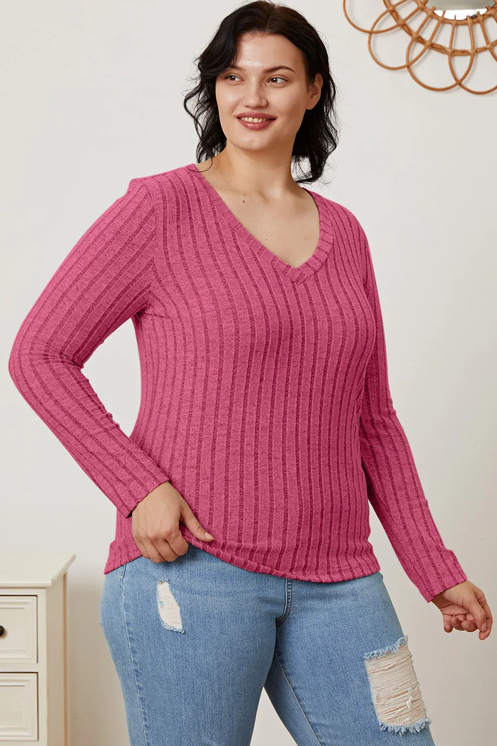 Full Size Ribbed V-Neck Long Sleeve T-Shirt, image 16