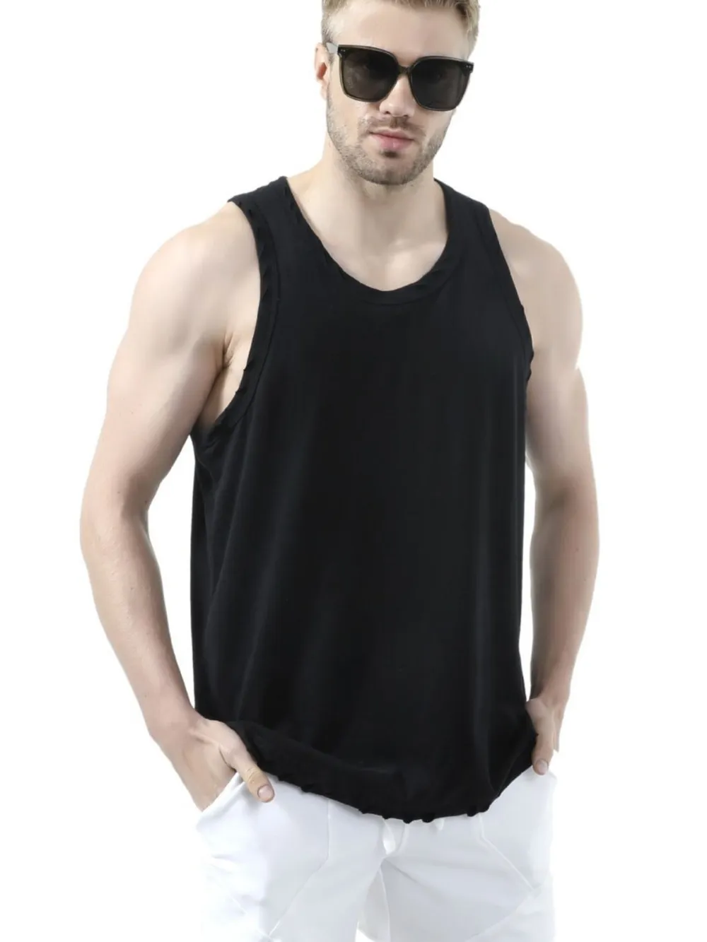 Men's Plus Size Distressed Hem Round Neck Tank, image 3