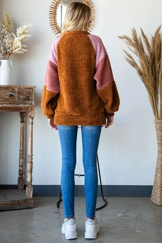 Color Block Faux Fur Raglan Sleeve Sweatshirt, image 5