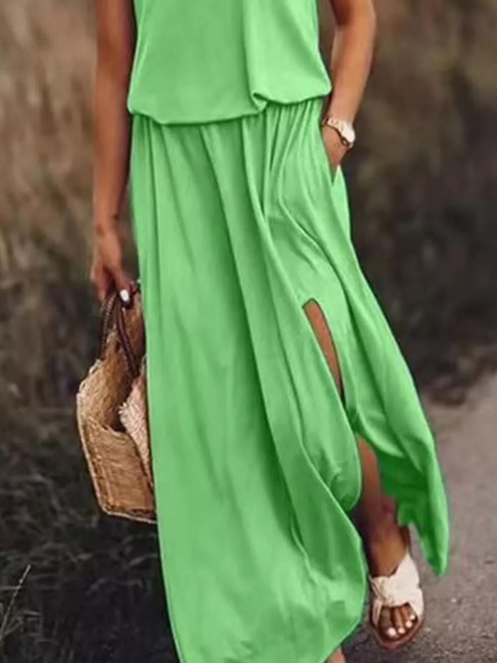 Full Size Round Neck Sleeveless Slit Maxi Dress Plus Size, image 14